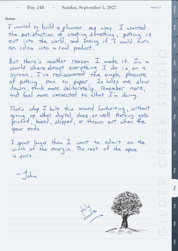 A handwritten note on a portrait Notes page of the Daybook, dated Sunday, September 5, 2027, explaining why the planner was made. The same words are set in type alongside it. A pencil drawing of a tree sits at the foot of the page, labelled daily doodle.
