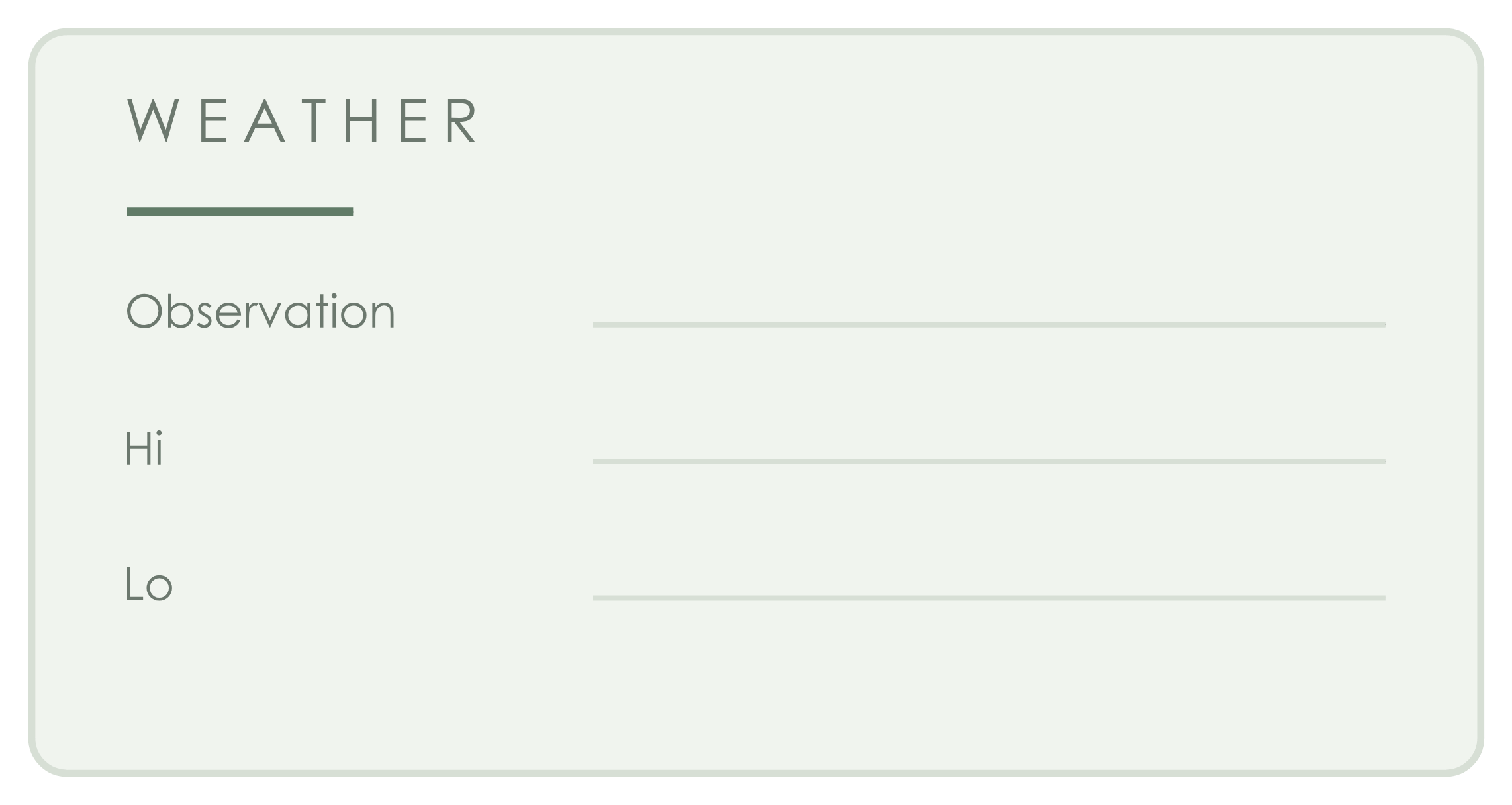A day weather card: Observation, Hi, and Lo write-in lines.