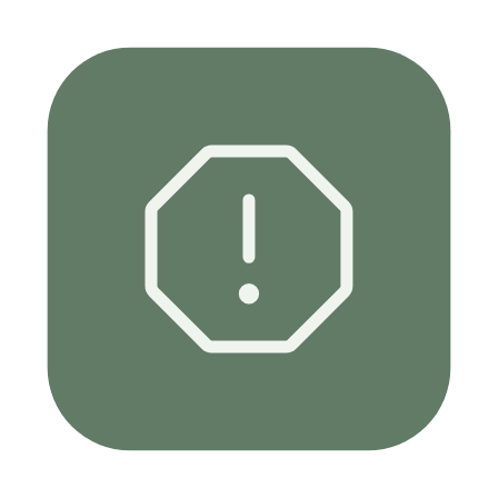 A bold caution badge: a rounded accent square with a paper-colored warning icon, readable standalone or on a colored pill.