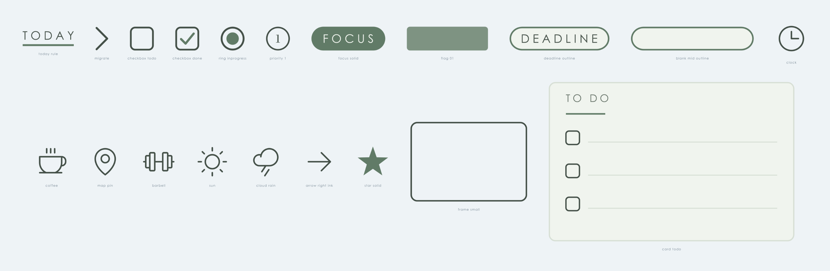 The twenty starter stickers laid out at their true relative sizes: a TODAY rule, a migrate chevron, an empty and a checked checkbox, a status ring, a numbered priority ring, solid FOCUS and outlined DEADLINE labels, a page flag, a blank write-on label, and icons for a clock, coffee, a map pin, a barbell, sun and rain, plus an arrow, a star, a small frame and a fill-in to-do card.