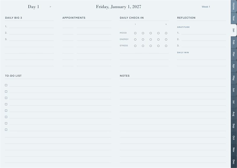 Balanced day layout: priorities, appointments, a short daily check-in, reflection, to-do and notes.