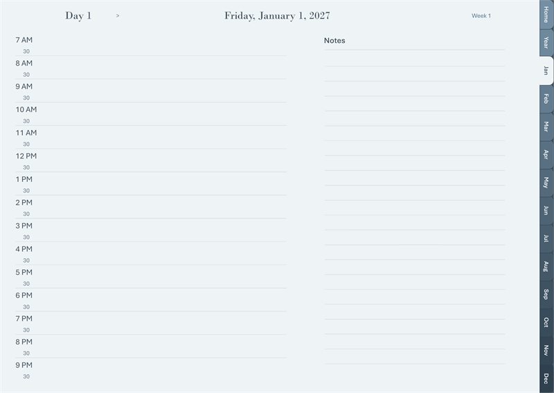 Classic day layout: an hour-by-hour schedule from 7 AM to 9 PM on the left, a full ruled notes column on the right.