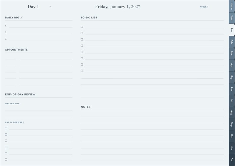 Focus day layout: priorities, appointments, a dominant to-do list, and an end-of-day review.
