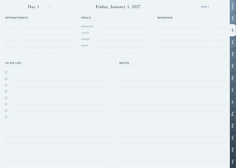 Life day layout: appointments, meals, spending, to-do and notes.