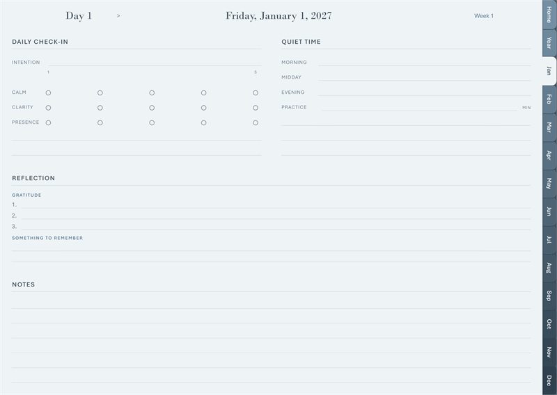 Mindfulness day layout: a check-in for calm, clarity, and presence, today's intention, a quiet-time log, gratitude, and notes.