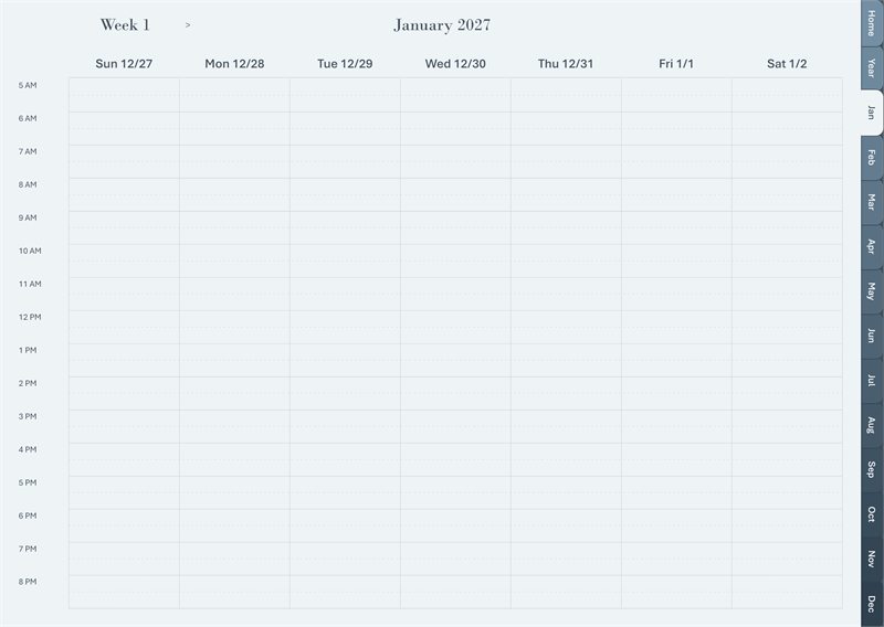 Appointment week layout: a timed grid running 5 AM to 9 PM across all seven days.