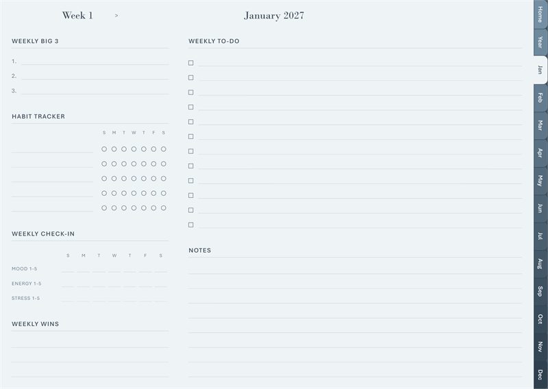 Balanced week layout: weekly priorities, habits, a weekly check-in, wins, to-do and notes.
