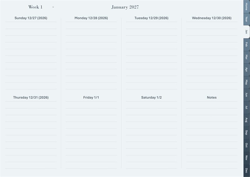 Classic week layout: seven ruled day cells and a notes cell.