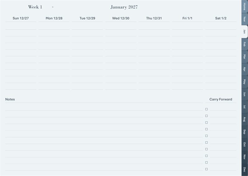 Notes week layout: a day grid to jot in and a carry forward list, beside one wide-open notes column.