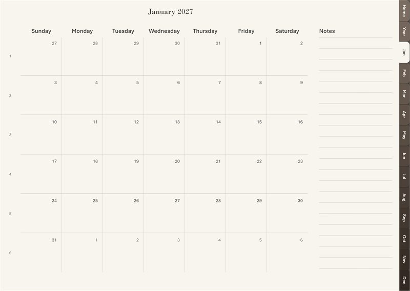 A month spread with a full calendar grid and a notes column.