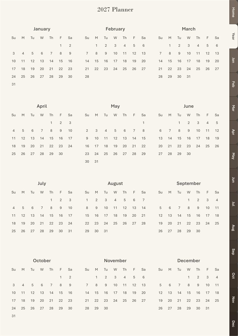 Espresso Linen portrait year at a glance page.