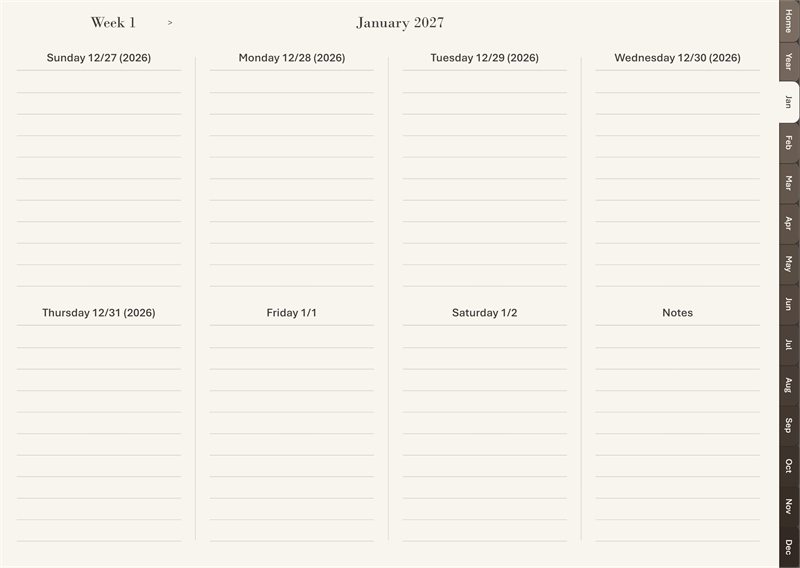 A week spread with seven day cells and a notes cell.