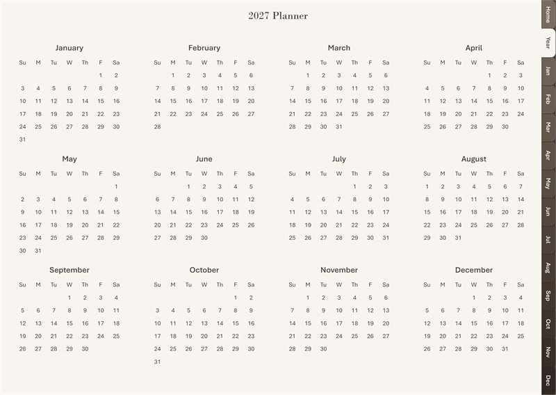 Year at a glance: all twelve months as small calendars on one page, every date tappable.
