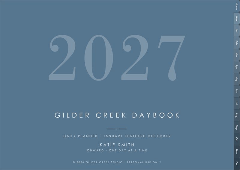 A personalized Daybook cover: the product name leads, with the owner's name and a short motto set quietly beneath it.