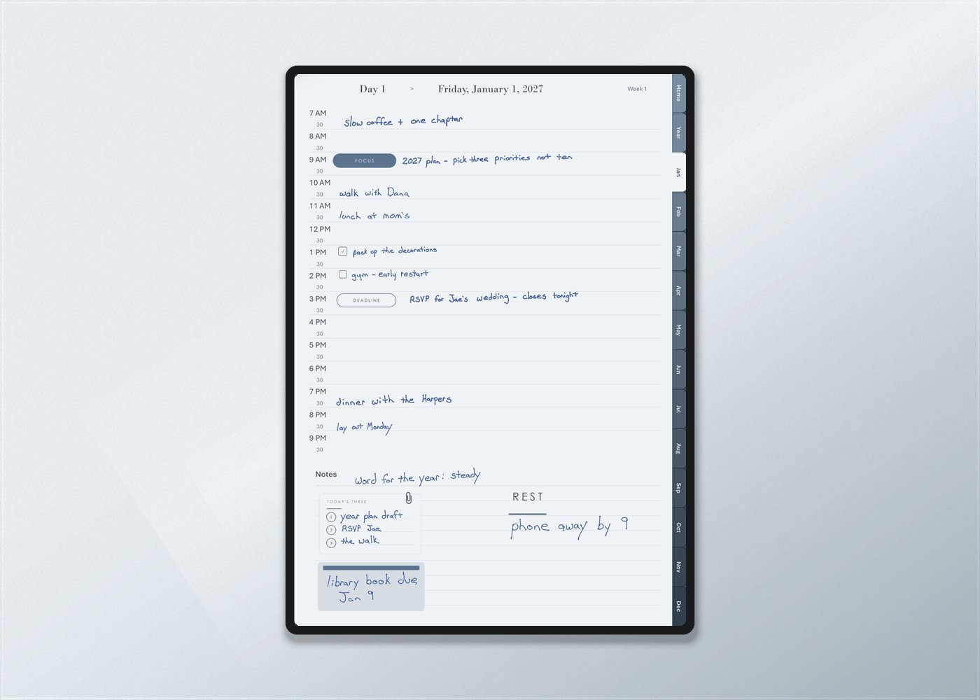 A written day page using Elements: a FOCUS label beside a 9 AM entry, a DEADLINE label at 3 PM, checkboxes on two tasks, and a Today's Three card clipped into the notes.