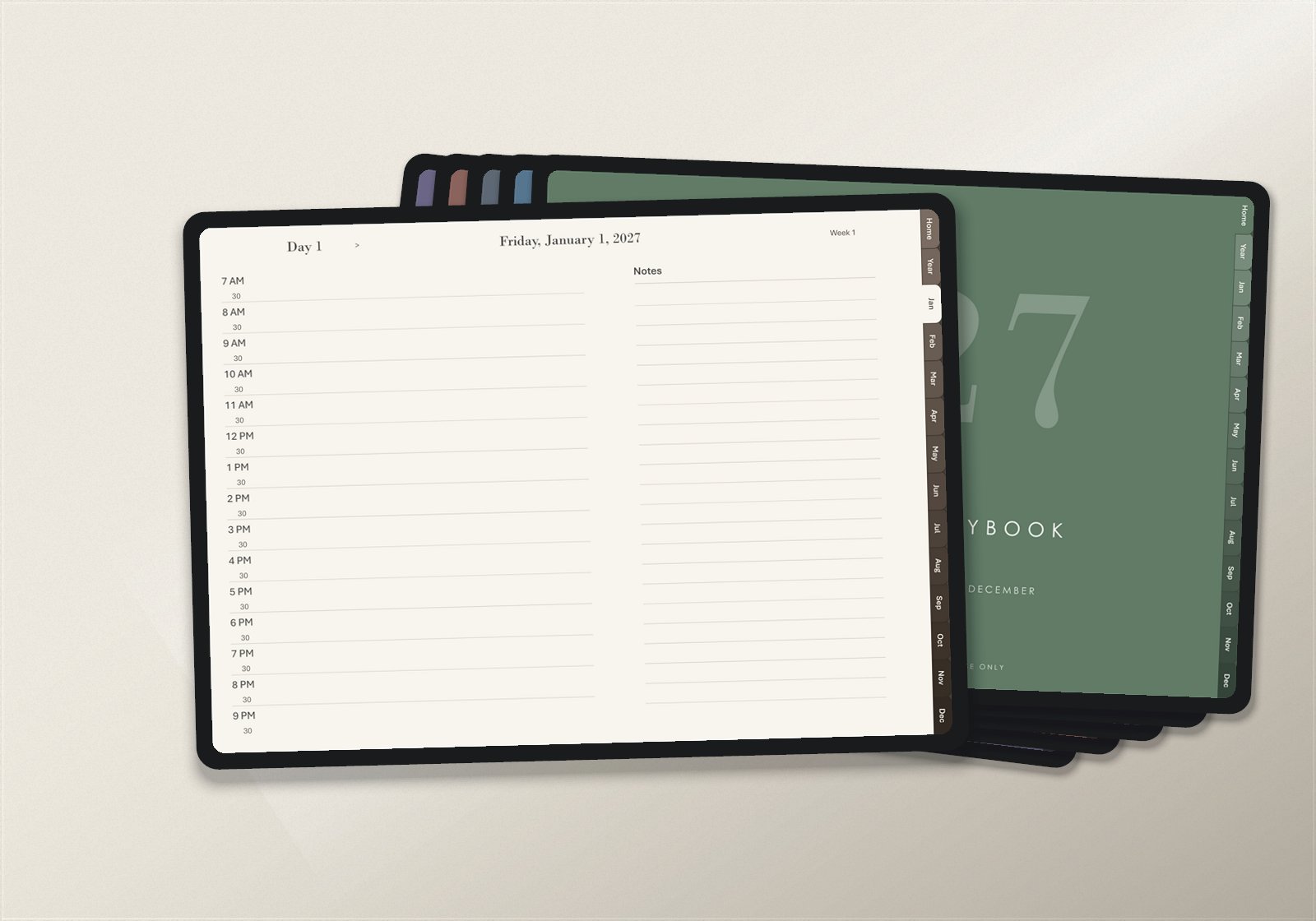 An Espresso Linen day page in front, with the covers of the other five themes fanned out behind it.