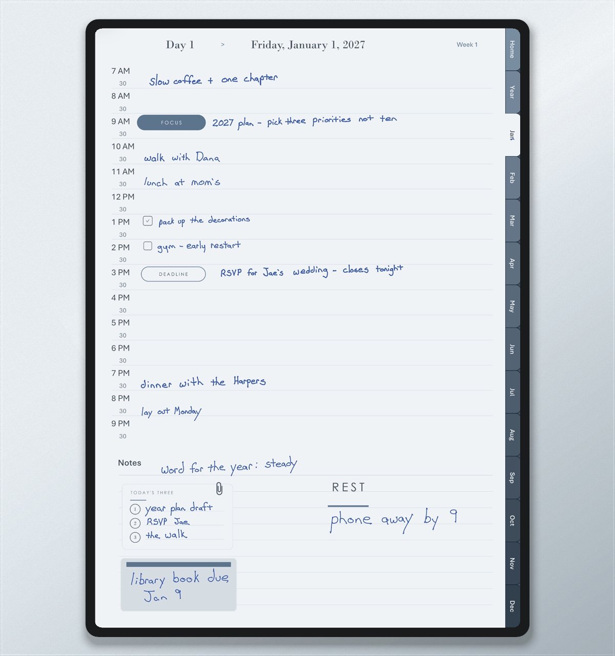 A Gilder Creek Daybook day page on a tablet, written on by hand: appointments through the day, a FOCUS label, checkboxes, and notes at the foot of the page.