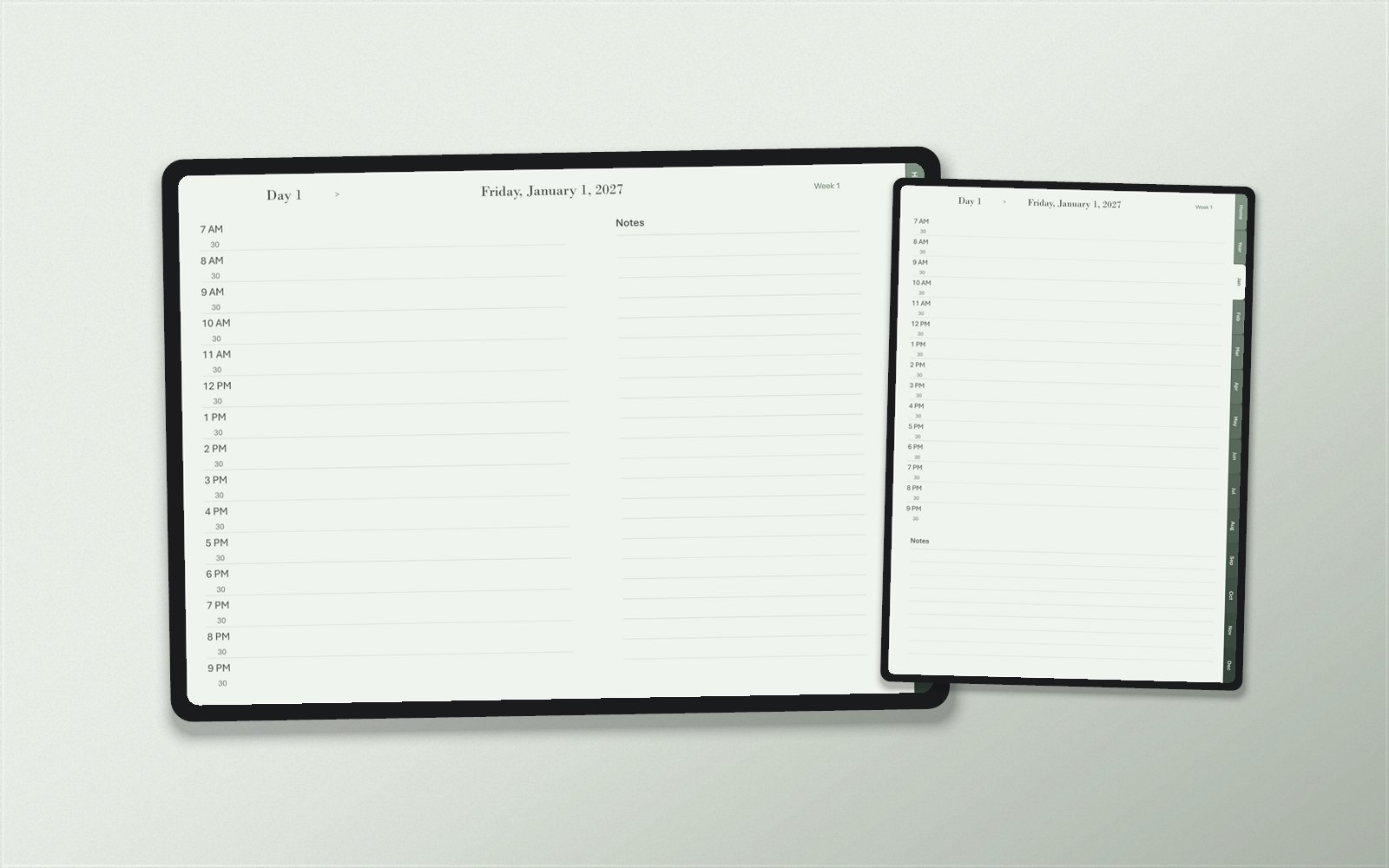 The same Sage Paper day page shown twice: landscape on one tablet, portrait on another.