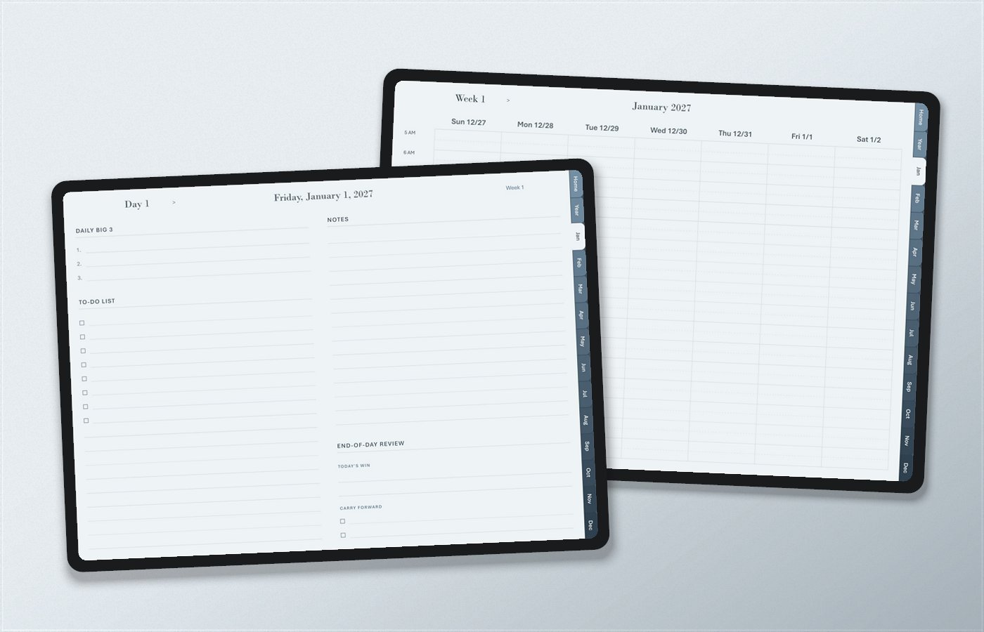 The Appointment day page and the timed Appointment week grid shown together on two tablets.