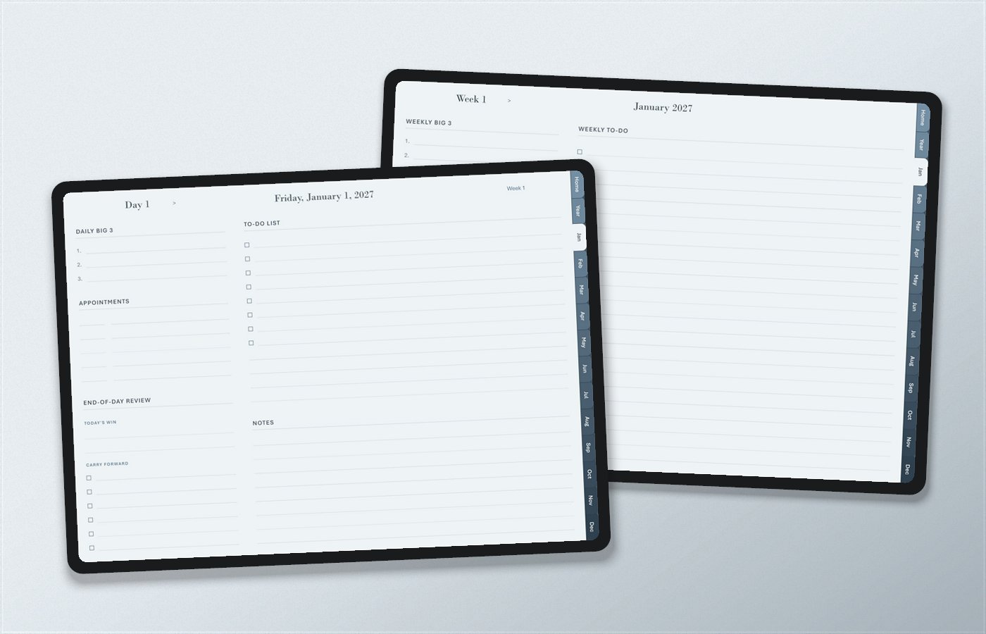 The Focus day page and Focus week page shown together on two tablets.