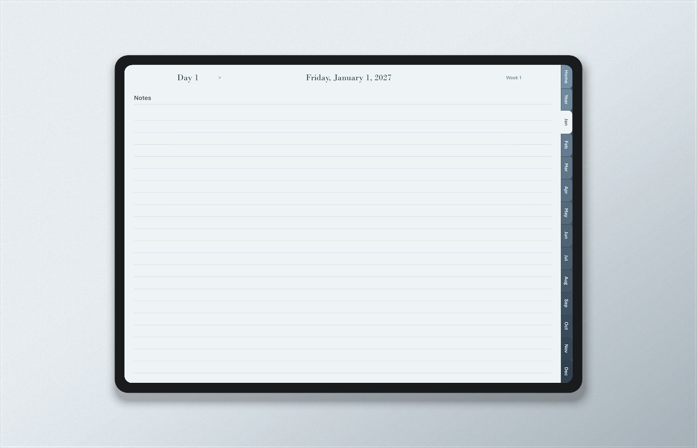 The Notes day page on a tablet: one clean ruled page with no schedule.